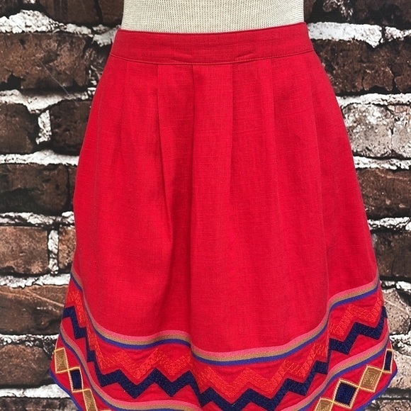 Pomelo Skirt Full Pleats Embroidery Linen Red Size XS - Picture 4 of 12